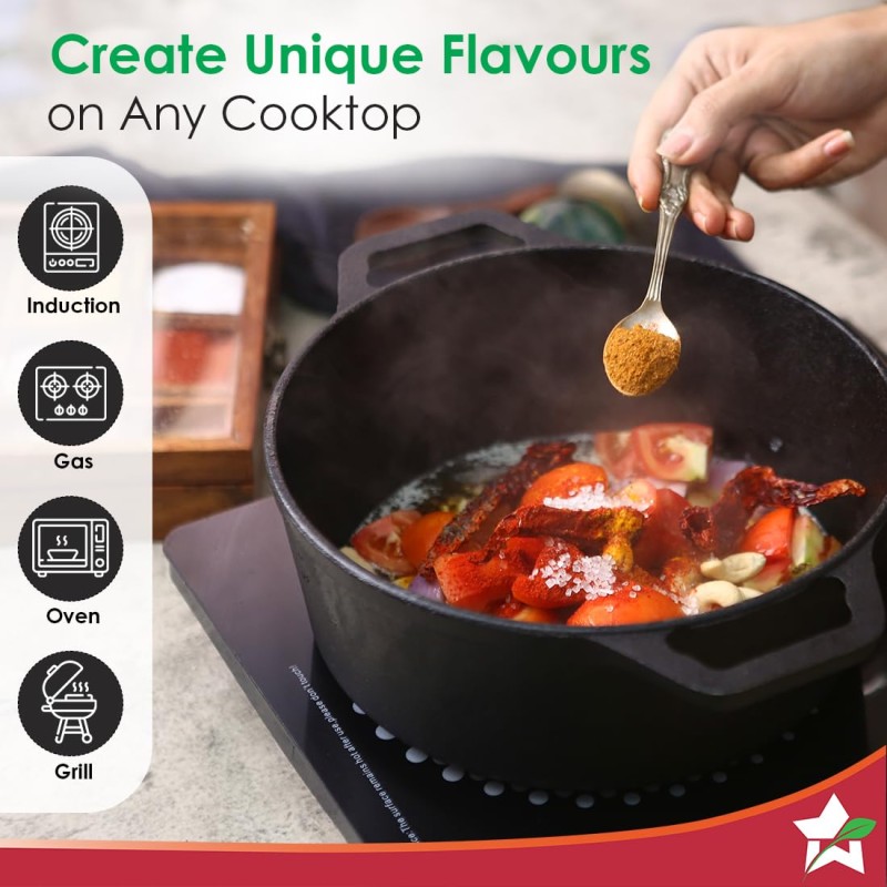 Wonderchef Forza 25 cm Cast-Iron Casserole with Lid | Pre-Seasoned Cookware | Induction Friendly | 4.7 L | 3.8 mm