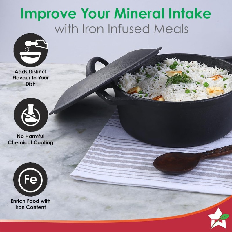 Wonderchef Forza 25 cm Cast-Iron Casserole with Lid | Pre-Seasoned Cookware | Induction Friendly | 4.7 L | 3.8 mm