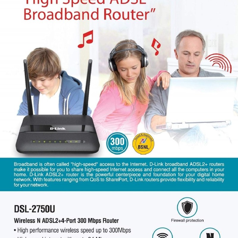 D-Link DSL-2750U Wireless-N 300 Mbps Single_band ADSL2/2+ 4-Port Router Black