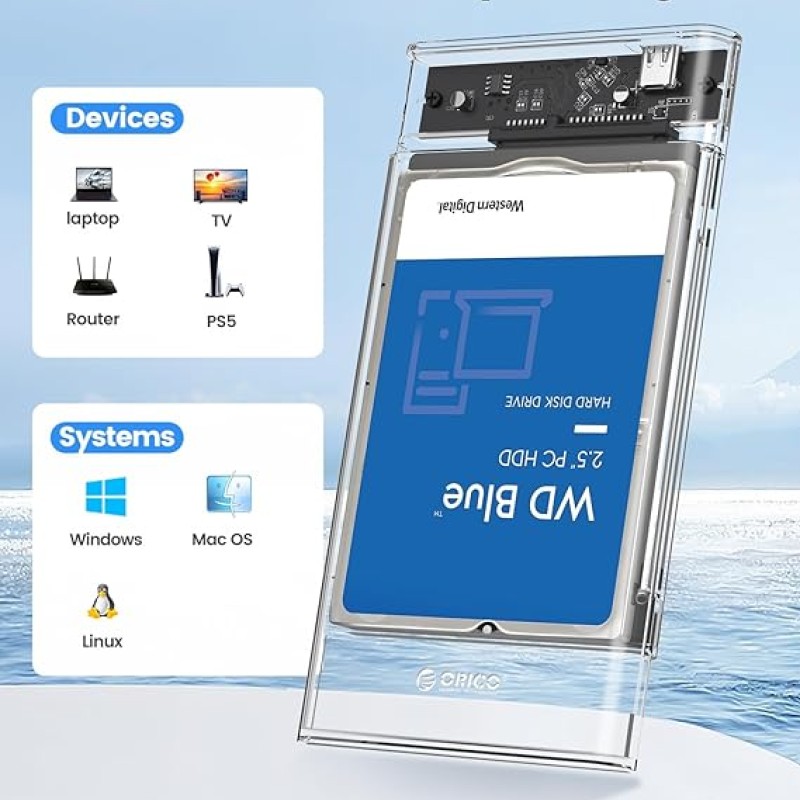 ORICO 2.5" External Hard Drive Enclosure, SATA III to USB Type-C for HDD/SSD [Hard Drive NOT Included]