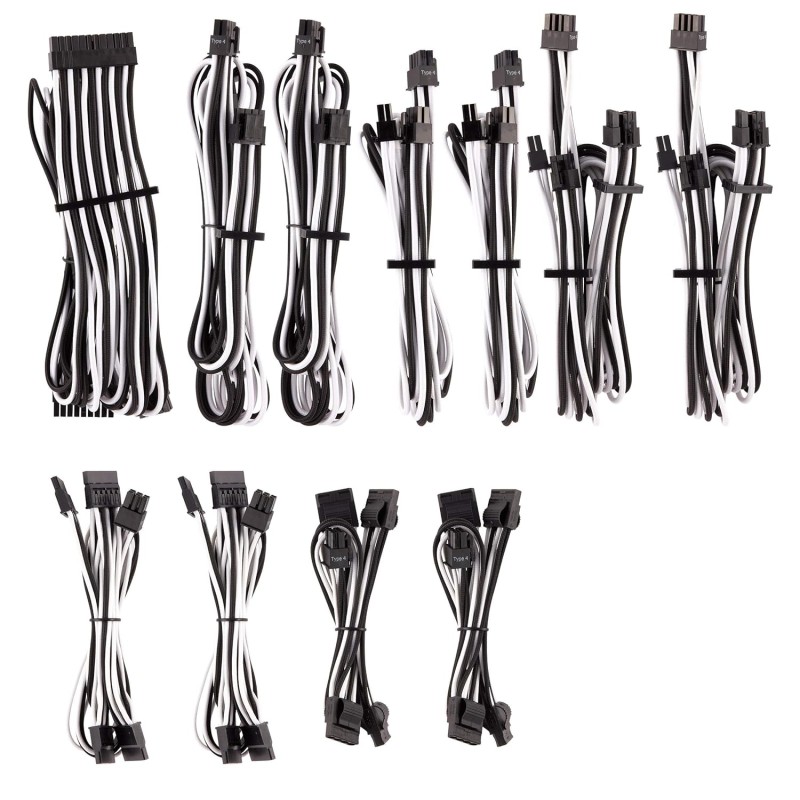 CORSAIR Premium Individually Sleeved PSU Cables Pro Kit– White/Black CORSAIR Premium Individually Sleeved PSU Cables Pro Kit– White/Black