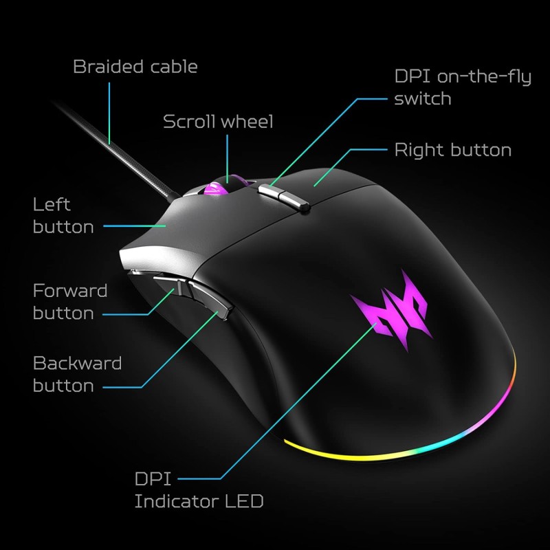 Acer Predator Cestus 330 Gaming Mouse: 16000 On-The-Fly DPI - RGB Lighting - 7 - Black Acer Predator Cestus 330 Gaming Mouse: 16000 On-The-Fly DPI - RGB Lighting - 7 - Black