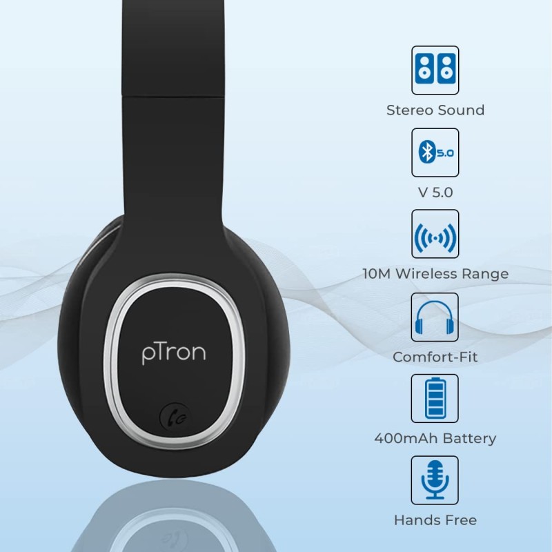 pTron Studio Over-Ear Bluetooth 5.0 Wireless Headphones with Mic - (Black) pTron Studio Over-Ear Bluetooth 5.0 Wireless Headphones with Mic - (Black)