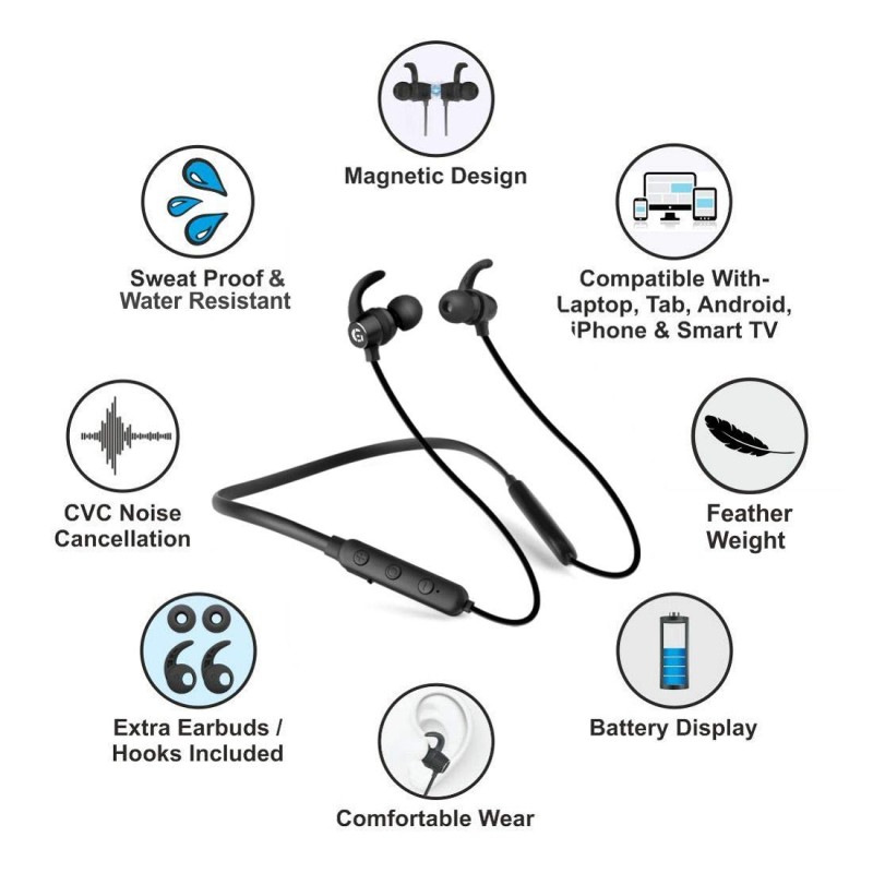 Matlek Fast Charging Bluetooth Earphone Wireless Headphone Neckband Sweat Proof Matlek Fast Charging Bluetooth Earphone Wireless Headphone Neckband Sweat Proof