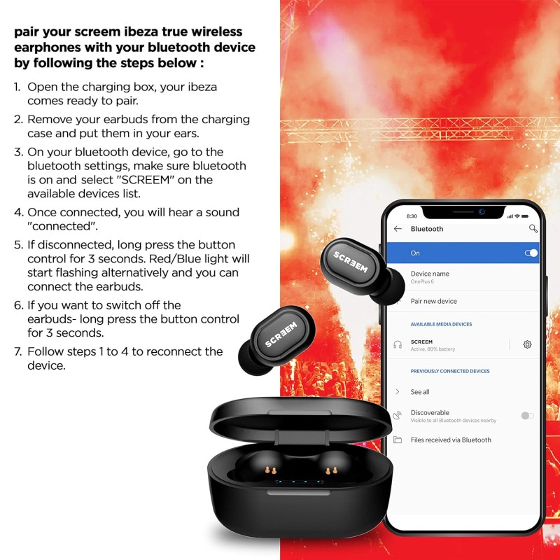 Screem Ibeza 2 True Wireless Earbuds (TWS) BT V5.0 - Black Screem Ibeza 2 True Wireless Earbuds (TWS) BT V5.0 - Black