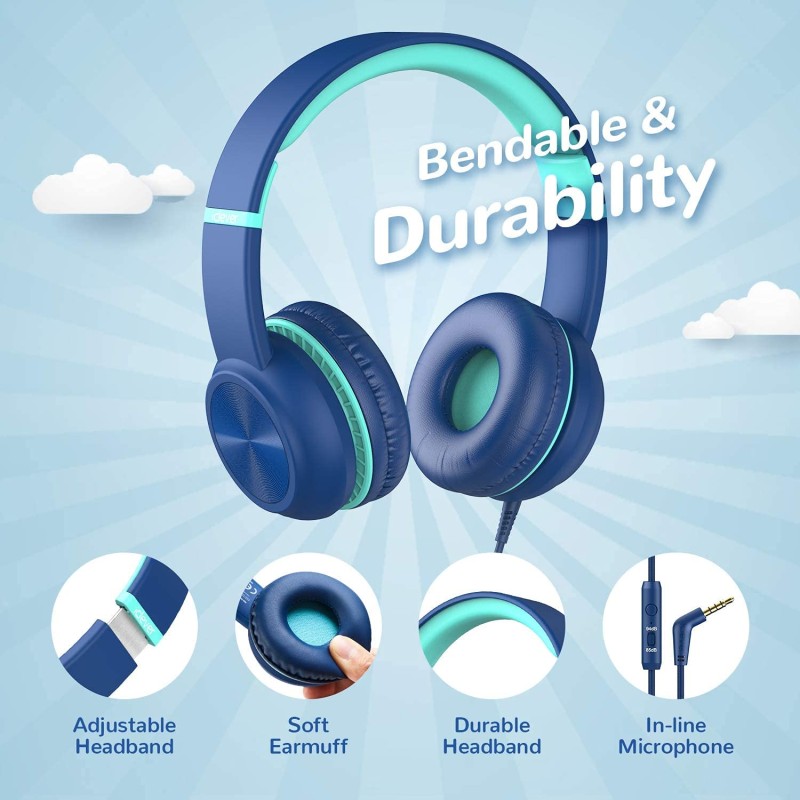 Wired Headphones with Mic - iClever Kids Headphones Foldable Stereo Tangle-Free 3.5mm-Blue Wired Headphones with Mic - iClever Kids Headphones Foldable Stereo Tangle-Free 3.5mm-Blue