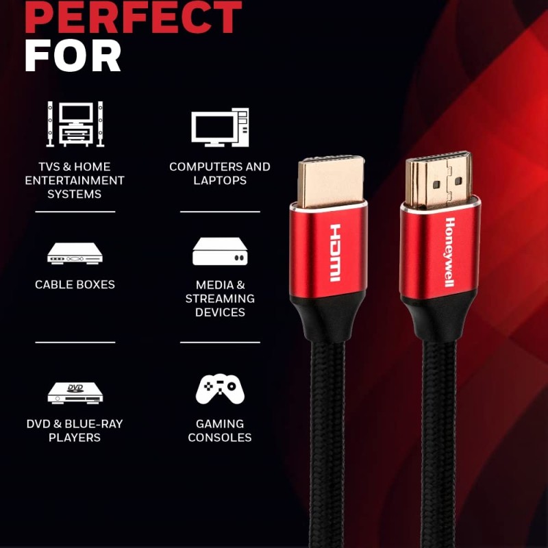 Honeywell HDMI Cable 2.1 with Ethernet, 8k@60Hz, 4k@120Hz UHD Resolution, 2 Mtr(6.6ft) Honeywell HDMI Cable 2.1 with Ethernet, 8k@60Hz, 4k@120Hz UHD Resolution, 2 Mtr(6.6ft)