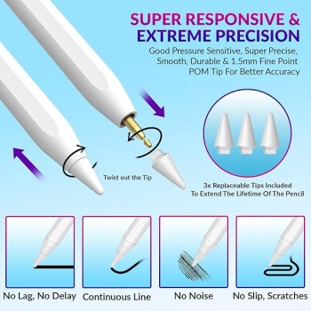 Tukzer Active Stylus Pen iPad Pencil | Palm Rejection, Tilt Sensor, High Precision White Tukzer Active Stylus Pen iPad Pencil | Palm Rejection, Tilt Sensor, High Precision White