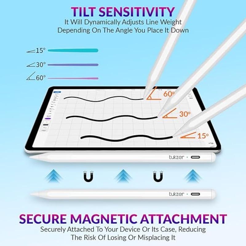 Tukzer Active Stylus Pen iPad Pencil | Palm Rejection, Tilt Sensor, High Precision White Tukzer Active Stylus Pen iPad Pencil | Palm Rejection, Tilt Sensor, High Precision White