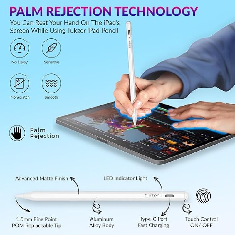 Tukzer Active Stylus Pen iPad Pencil | Palm Rejection, Tilt Sensor, High Precision White Tukzer Active Stylus Pen iPad Pencil | Palm Rejection, Tilt Sensor, High Precision White
