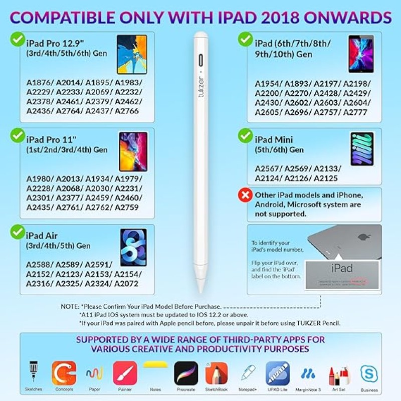 Tukzer Active Stylus Pen iPad Pencil | Palm Rejection, Tilt Sensor, High Precision White Tukzer Active Stylus Pen iPad Pencil | Palm Rejection, Tilt Sensor, High Precision White