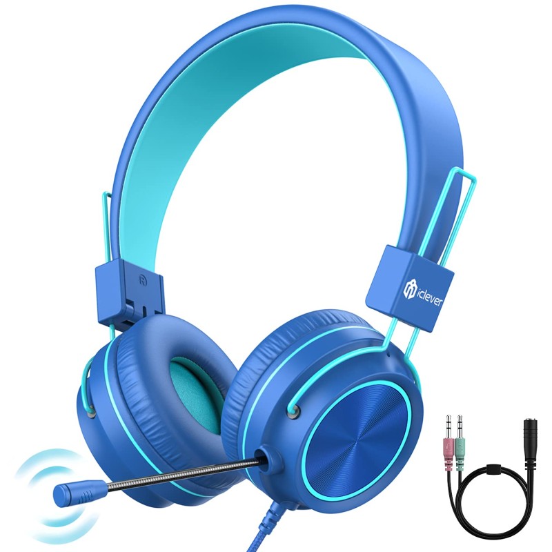 iClever Kids Headphones with Mic, Wired On Ear Headphones for Kids - Blue iClever Kids Headphones with Mic, Wired On Ear Headphones for Kids - Blue