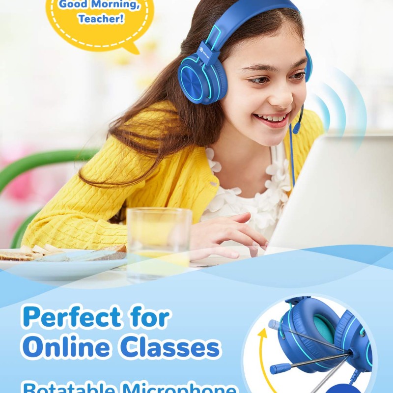 iClever Kids Headphones with Mic, Wired On Ear Headphones for Kids - Blue iClever Kids Headphones with Mic, Wired On Ear Headphones for Kids - Blue