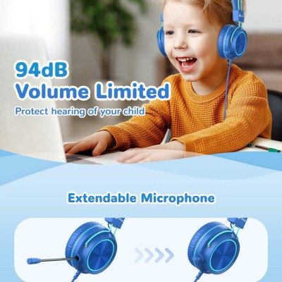 iClever Kids Headphones with Mic, Wired On Ear Headphones for Kids - Blue iClever Kids Headphones with Mic, Wired On Ear Headphones for Kids - Blue