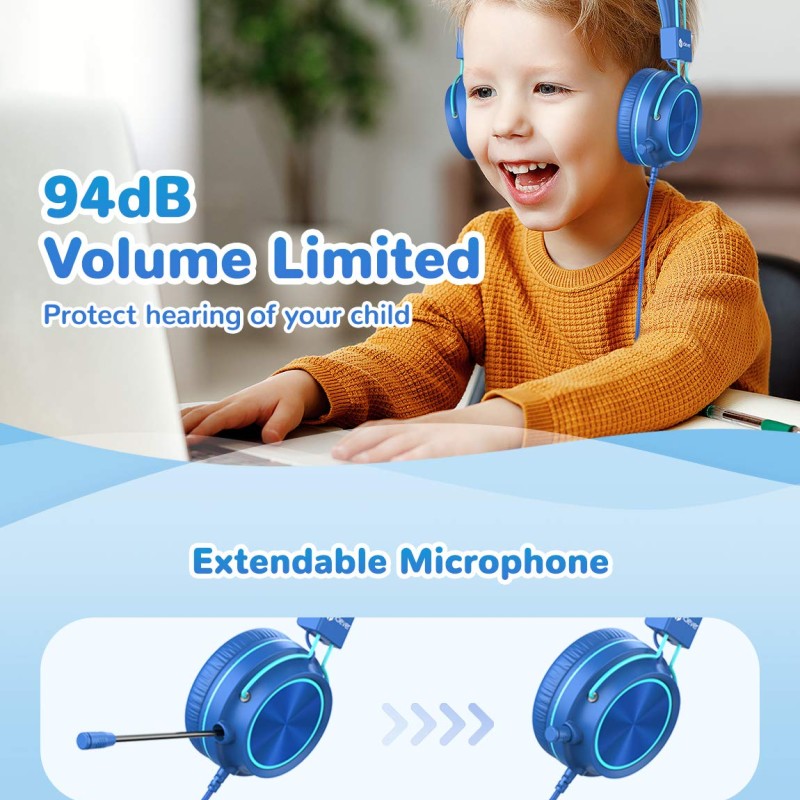 iClever Kids Headphones with Mic, Wired On Ear Headphones for Kids - Blue iClever Kids Headphones with Mic, Wired On Ear Headphones for Kids - Blue