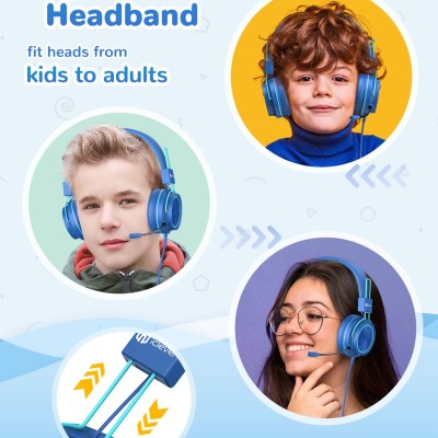 iClever Kids Headphones with Mic, Wired On Ear Headphones for Kids - Blue iClever Kids Headphones with Mic, Wired On Ear Headphones for Kids - Blue
