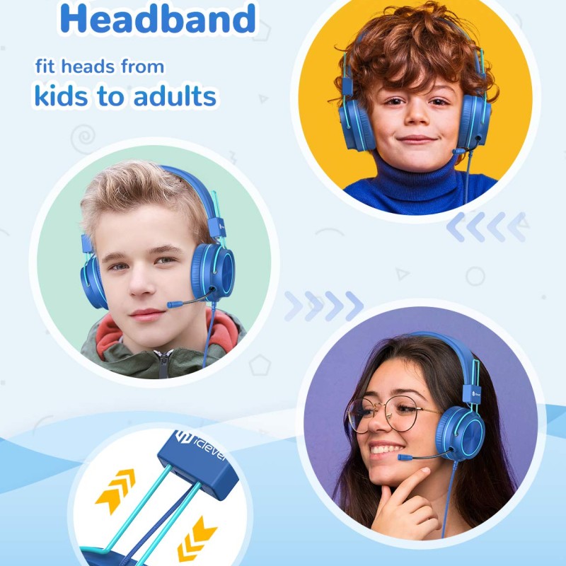 iClever Kids Headphones with Mic, Wired On Ear Headphones for Kids - Blue iClever Kids Headphones with Mic, Wired On Ear Headphones for Kids - Blue
