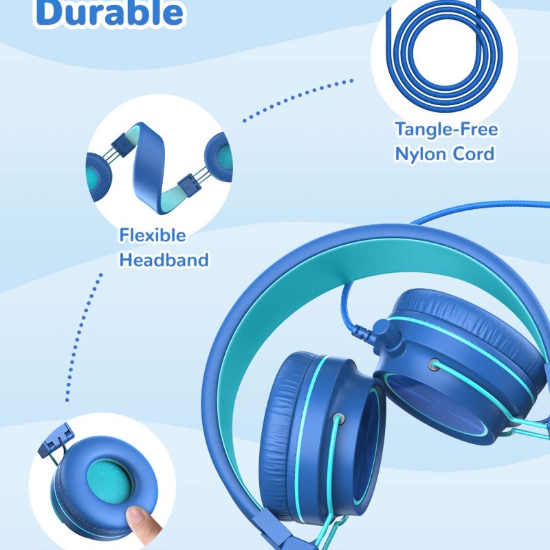 iClever Kids Headphones with Mic, Wired On Ear Headphones for Kids - Blue iClever Kids Headphones with Mic, Wired On Ear Headphones for Kids - Blue