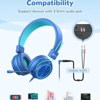 iClever Kids Headphones with Mic, Wired On Ear Headphones for Kids - Blue iClever Kids Headphones with Mic, Wired On Ear Headphones for Kids - Blue