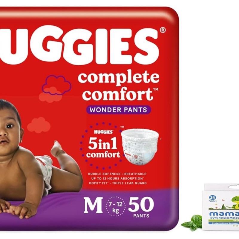 Huggies Wonder Pants, Medium Size Diapers (7-12 kg), 50 Count with 12 Hour Protection,White,Pack of 1