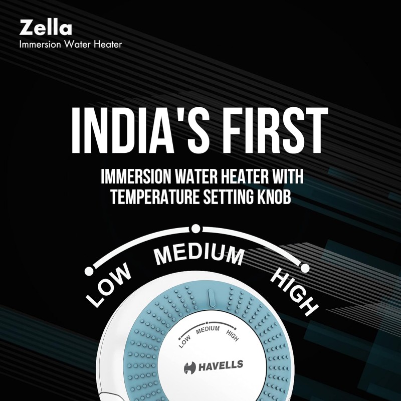 Havells Zella Automatic Cut Off Immersion Water Heater with Temperature Setting Knob & Collapsible flap 1000 Watts (Blue), Plastic Havells Zella Automatic Cut Off Immersion Water Heater with Temperature Setting Knob & Collapsible flap 1000 Watts (Blue), Plastic