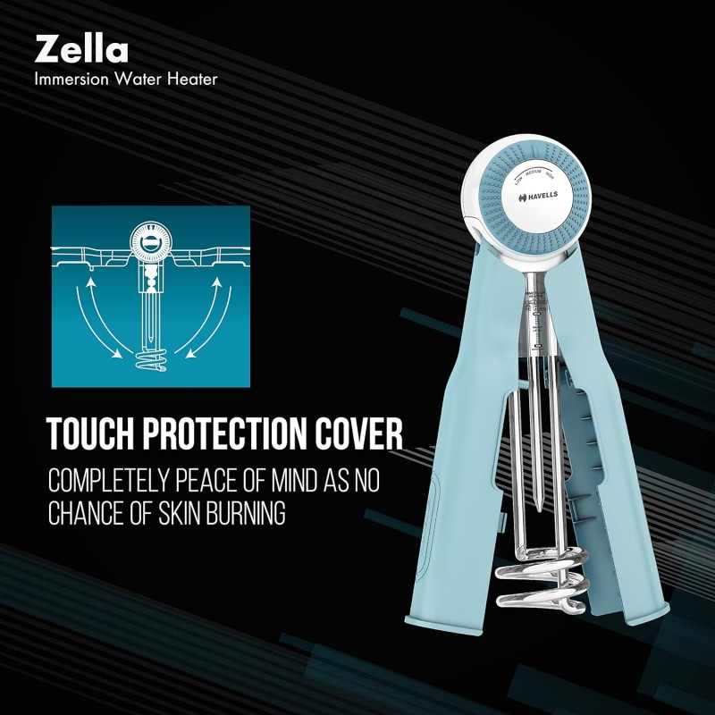 Havells Zella Automatic Cut Off Immersion Water Heater with Temperature Setting Knob & Collapsible flap 1000 Watts (Blue), Plastic Havells Zella Automatic Cut Off Immersion Water Heater with Temperature Setting Knob & Collapsible flap 1000 Watts (Blue), Plastic