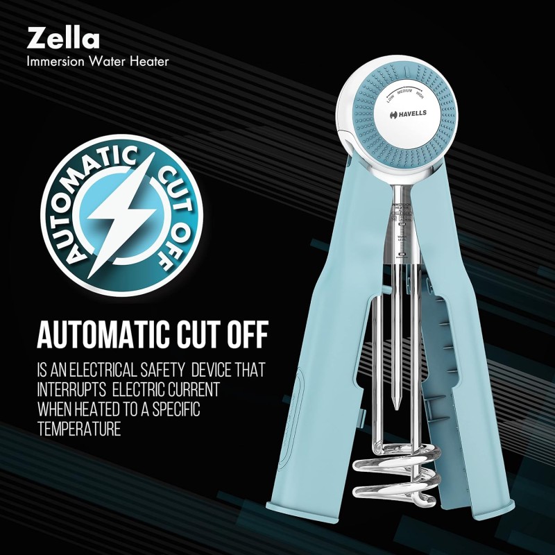 Havells Zella Automatic Cut Off Immersion Water Heater with Temperature Setting Knob & Collapsible flap 1000 Watts (Blue), Plastic Havells Zella Automatic Cut Off Immersion Water Heater with Temperature Setting Knob & Collapsible flap 1000 Watts (Blue), Plastic