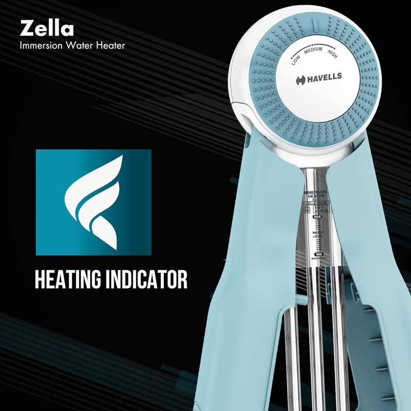 Havells Zella Automatic Cut Off Immersion Water Heater with Temperature Setting Knob & Collapsible flap 1000 Watts (Blue), Plastic Havells Zella Automatic Cut Off Immersion Water Heater with Temperature Setting Knob & Collapsible flap 1000 Watts (Blue), Plastic