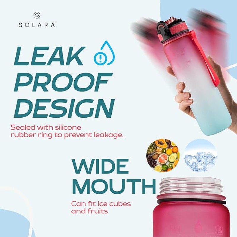 SOLARA Sipper Water Bottle for Adults 1 Litre with Motivational Time Marker, Leakproof Durable BPA Free Non-Toxic Bottle for Office, Gym, Detoxing eBook included, Red Skies SOLARA Sipper Water Bottle for Adults 1 Litre with Motivational Time Marker, Leakproof Durable BPA Free Non-Toxic Bottle for Office, Gym, Detoxing eBook included, Red Skies