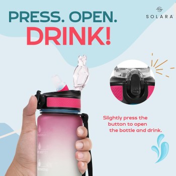 SOLARA Sipper Water Bottle for Adults 1 Litre with Motivational Time Marker, Leakproof Durable BPA Free Non-Toxic Bottle for Office, Gym, Detoxing eBook included, Red Skies