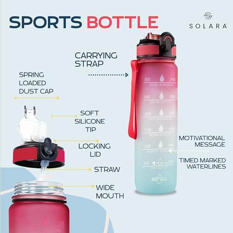 SOLARA Sipper Water Bottle for Adults 1 Litre with Motivational Time Marker, Leakproof Durable BPA Free Non-Toxic Bottle for Office, Gym, Detoxing eBook included, Red Skies SOLARA Sipper Water Bottle for Adults 1 Litre with Motivational Time Marker, Leakproof Durable BPA Free Non-Toxic Bottle for Office, Gym, Detoxing eBook included, Red Skies