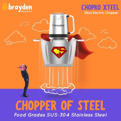 Brayden Chopro Xteel Electric Vegetable Chopper For Kitchen | Mincing/Chopping Meat, Fruit, Beating Eggs And Nuts | Dual Speed Mode | Stainless Steel Bowl (450 Watt, 2.5 Litre, Silver) Brayden Chopro Xteel Electric Vegetable Chopper For Kitchen | Mincing/Chopping Meat, Fruit, Beating Eggs And Nuts | Dual Speed Mode | Stainless Steel Bowl (450 Watt, 2.5 Litre, Silver)