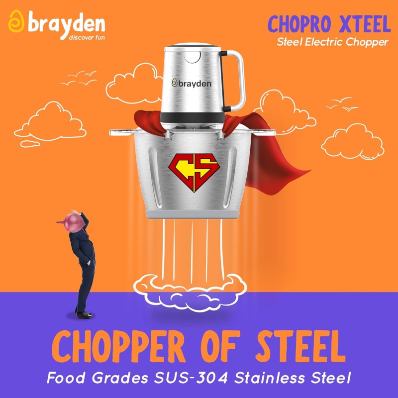 Brayden Chopro Xteel Electric Vegetable Chopper For Kitchen | Mincing/Chopping Meat, Fruit, Beating Eggs And Nuts | Dual Speed Mode | Stainless Steel Bowl (450 Watt, 2.5 Litre, Silver) Brayden Chopro Xteel Electric Vegetable Chopper For Kitchen | Mincing/Chopping Meat, Fruit, Beating Eggs And Nuts | Dual Speed Mode | Stainless Steel Bowl (450 Watt, 2.5 Litre, Silver)
