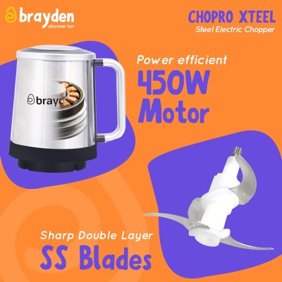 Brayden Chopro Xteel Electric Vegetable Chopper For Kitchen | Mincing/Chopping Meat, Fruit, Beating Eggs And Nuts | Dual Speed Mode | Stainless Steel Bowl (450 Watt, 2.5 Litre, Silver) Brayden Chopro Xteel Electric Vegetable Chopper For Kitchen | Mincing/Chopping Meat, Fruit, Beating Eggs And Nuts | Dual Speed Mode | Stainless Steel Bowl (450 Watt, 2.5 Litre, Silver)