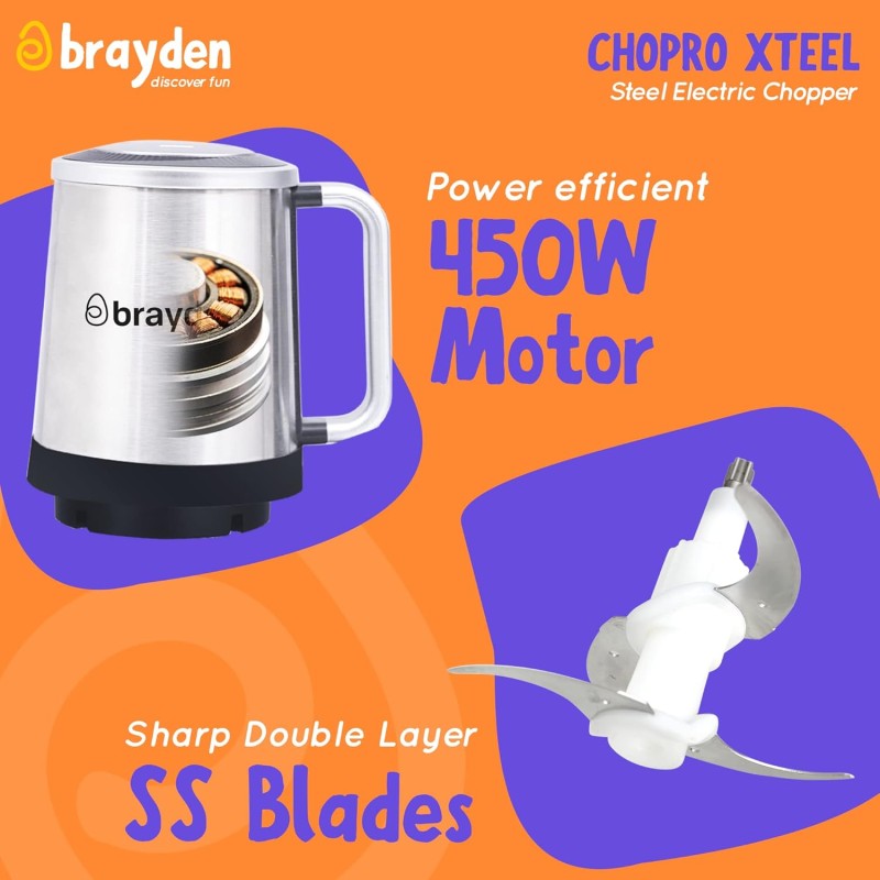 Brayden Chopro Xteel Electric Vegetable Chopper For Kitchen | Mincing/Chopping Meat, Fruit, Beating Eggs And Nuts | Dual Speed Mode | Stainless Steel Bowl (450 Watt, 2.5 Litre, Silver) Brayden Chopro Xteel Electric Vegetable Chopper For Kitchen | Mincing/Chopping Meat, Fruit, Beating Eggs And Nuts | Dual Speed Mode | Stainless Steel Bowl (450 Watt, 2.5 Litre, Silver)