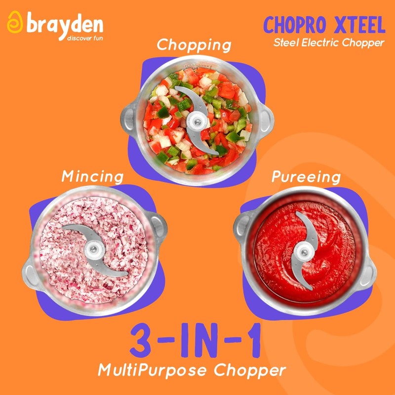 Brayden Chopro Xteel Electric Vegetable Chopper For Kitchen | Mincing/Chopping Meat, Fruit, Beating Eggs And Nuts | Dual Speed Mode | Stainless Steel Bowl (450 Watt, 2.5 Litre, Silver) Brayden Chopro Xteel Electric Vegetable Chopper For Kitchen | Mincing/Chopping Meat, Fruit, Beating Eggs And Nuts | Dual Speed Mode | Stainless Steel Bowl (450 Watt, 2.5 Litre, Silver)