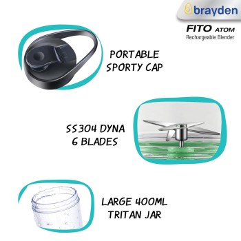 Brayden Fito Atom, Portable Smoothie Blender with 2000 mAh Rechargeable Battery and 3.7V Motor with 400ml Tritan Jar (Green) Brayden Fito Atom, Portable Smoothie Blender with 2000 mAh Rechargeable Battery and 3.7V Motor with 400ml Tritan Jar (Green)