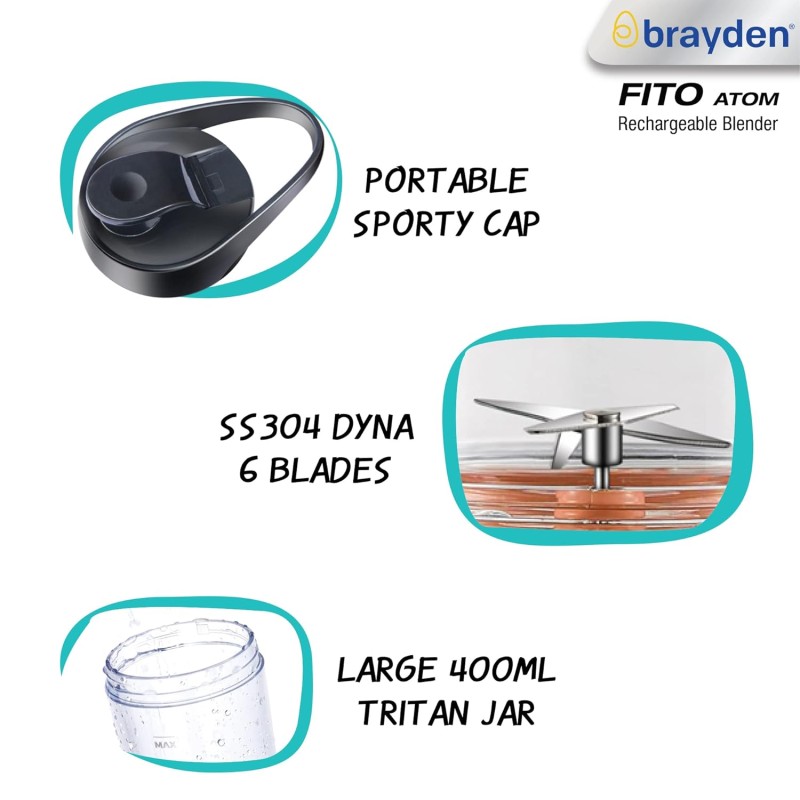 Brayden Fito Atom, Portable Smoothie Blender with 2000 mAh Rechargeable Battery and 3.7V Motor with 400ml Tritan Jar (Orange) Brayden Fito Atom, Portable Smoothie Blender with 2000 mAh Rechargeable Battery and 3.7V Motor with 400ml Tritan Jar (Orange)