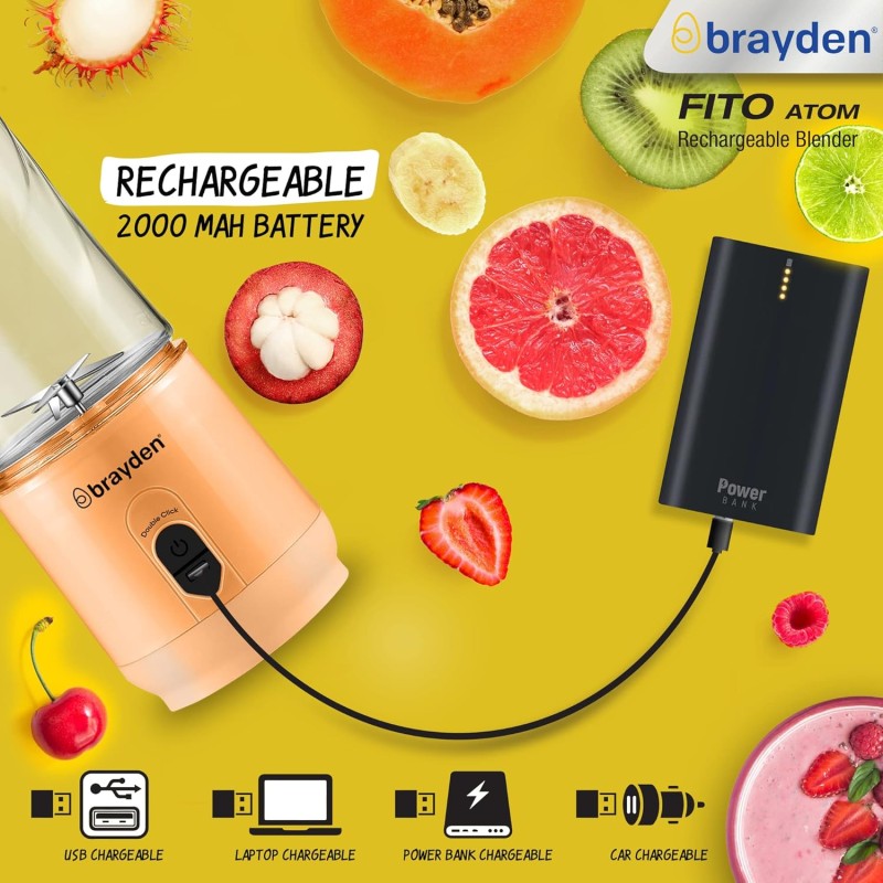 Brayden Fito Atom, Portable Smoothie Blender with 2000 mAh Rechargeable Battery and 3.7V Motor with 400ml Tritan Jar (Orange) Brayden Fito Atom, Portable Smoothie Blender with 2000 mAh Rechargeable Battery and 3.7V Motor with 400ml Tritan Jar (Orange)