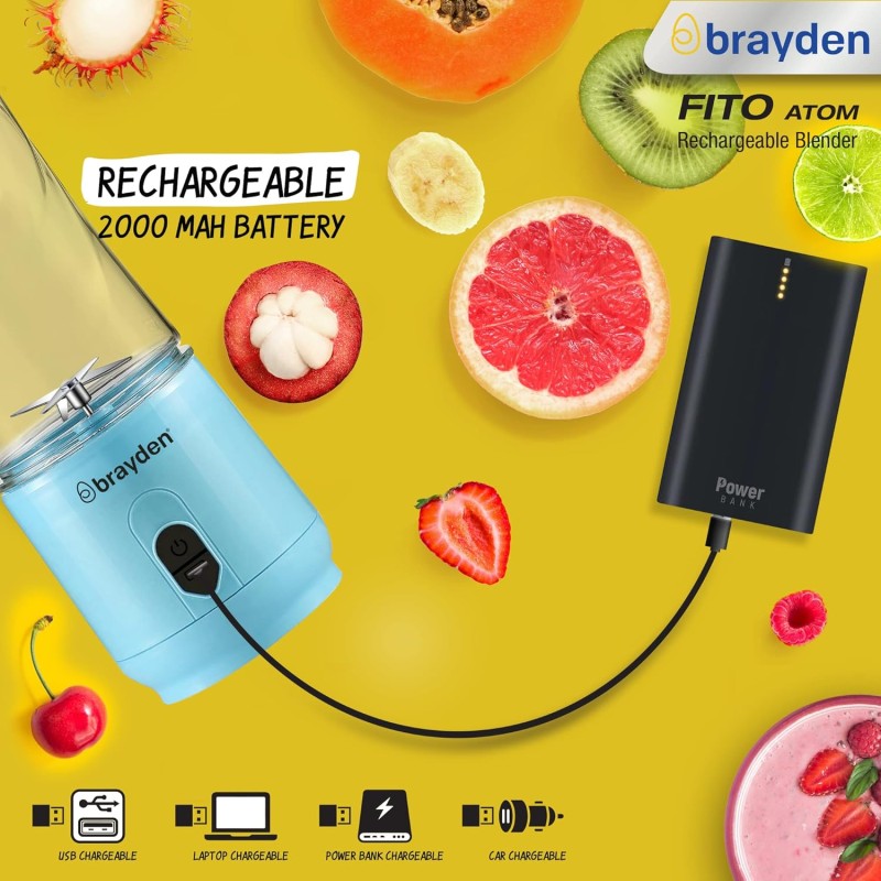 Brayden Fito Atom Portable Blender | Smoothie, Milk Shake, Protien Shake And Fresh Juice | Handy Travel Juicer | 2000 Mah Rechargeable Battery | 3.7V Copper Motor | 400Ml Tritan Jar (Blue), 35 Watt Brayden Fito Atom Portable Blender | Smoothie, Milk Shake, Protien Shake And Fresh Juice | Handy Travel Juicer | 2000 Mah Rechargeable Battery | 3.7V Copper Motor | 400Ml Tritan Jar (Blue), 35 Watt
