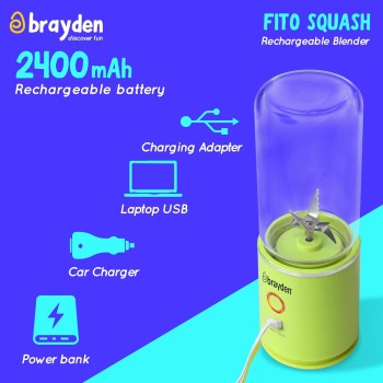Brayden Fito Squash Rechargeable Blender | Smoothie, Milk Shake, Protien Shake and Fresh Juice | Portable Shaker | Handy Travel Juicer | 2400 mAh Battery | 350ml Glass Jar (Green) Brayden Fito Squash Rechargeable Blender | Smoothie, Milk Shake, Protien Shake and Fresh Juice | Portable Shaker | Handy Travel Juicer | 2400 mAh Battery | 350ml Glass Jar (Green)