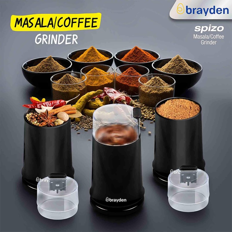 Brayden Spizo Multifunctional Grinder | Grind Turmeric, Masala & Coffee Grinder for Kitchen | Stainless Steel Blades | (Electric, Black, 50 Gm Capacity,150 Watts) Brayden Spizo Multifunctional Grinder | Grind Turmeric, Masala & Coffee Grinder for Kitchen | Stainless Steel Blades | (Electric, Black, 50 Gm Capacity,150 Watts)