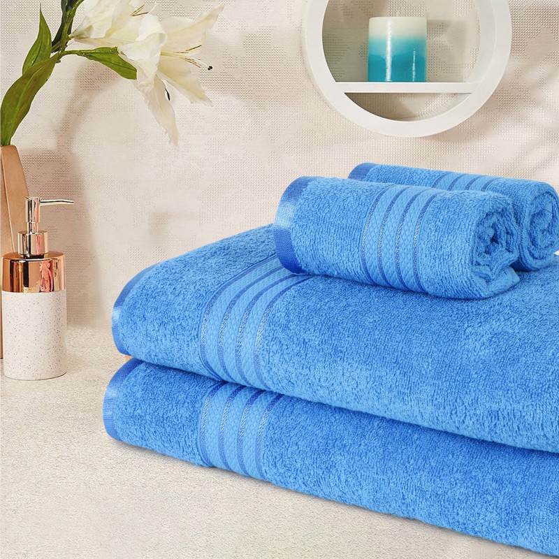 Cuddle Cotton Requisite 4 Pc Towel Set | 2 Bath Towels (70 x 147 cm) & 2 Hand Towels (40 x 60 cm), 400 GSM | 100% Pure Cotton| Azure blue