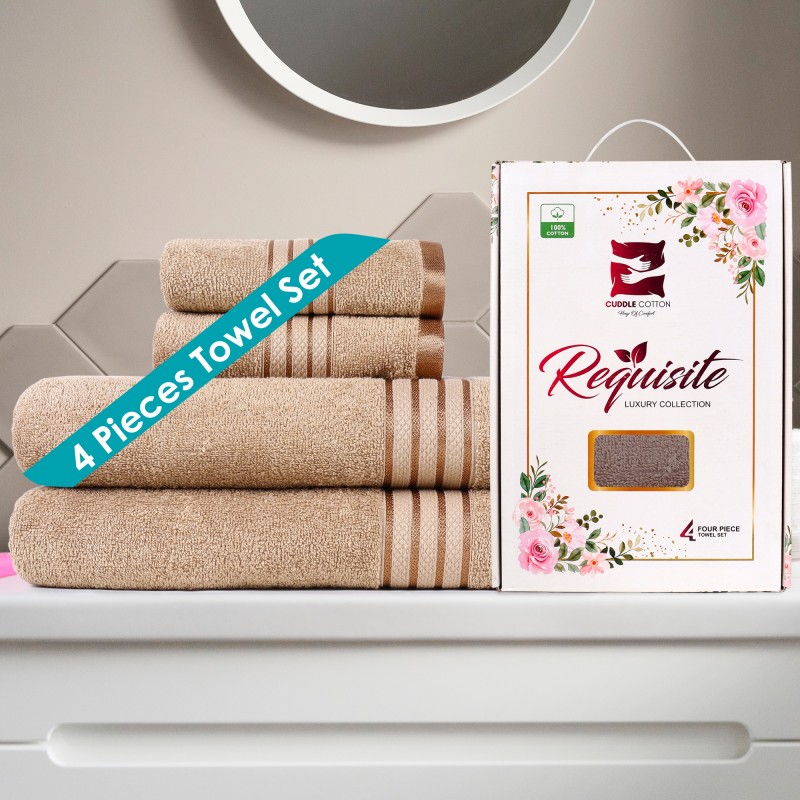 Cuddle Cotton Requisite 4 Pc Towel Set | 2 Bath Towels (70 x 147 cm) & 2 Hand Towels (40 x 60 cm), 400 GSM | 100% Pure Cotton| Beige brown