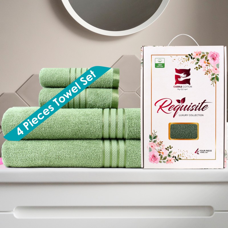 Cuddle Cotton Requisite 4 Pc Towel Set | 2 Bath Towels (70 x 147 cm) & 2 Hand Towels (40 x 60 cm), 400 GSM | 100% Pure Cotton| Emerald green