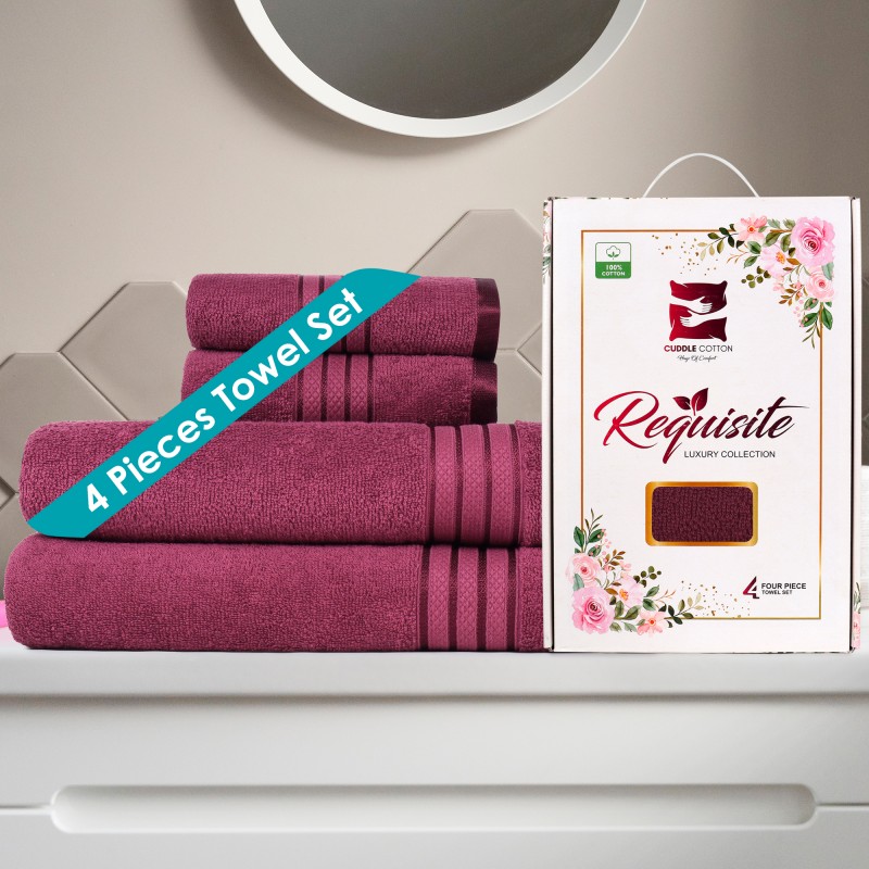 Cuddle Cotton Requisite 4 Pc Towel Set | 2 Bath Towels (70 x 147 cm) & 2 Hand Towels (40 x 60 cm), 400 GSM | 100% Pure Cotton| Merlot red