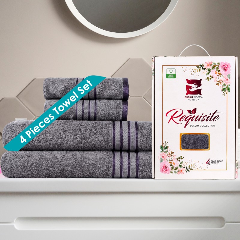 Cuddle Cotton Requisite 4 Pc Towel Set | 2 Bath Towels (70 x 147 cm) & 2 Hand Towels (40 x 60 cm), 400 GSM | 100% Pure Cotton| Sleek grey