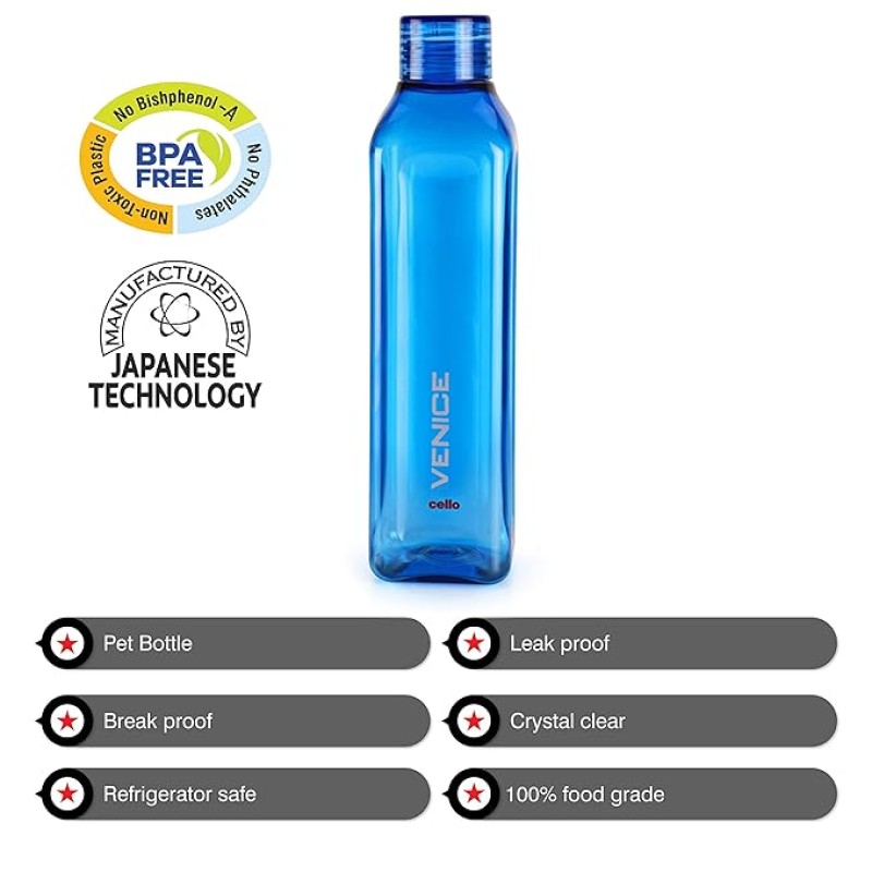 CELLO Venice Plastic Water Bottle | Unbreakable and Hygienic 1 Litre | Set of 3 CELLO Venice Plastic Water Bottle | Unbreakable and Hygienic 1 Litre | Set of 3