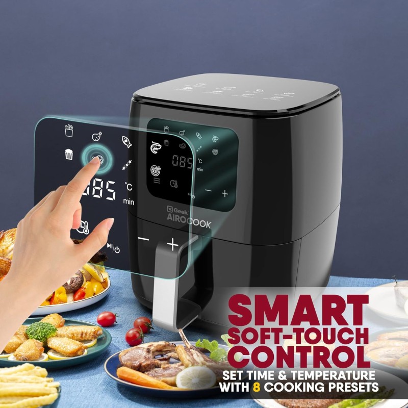 Geek Airocook Aura 5 Litre Digital Air fryer With 8 Preset Menu - Air Fry, Grill, Toast, Roast & Bake | Oil Free Cooking | Recipe book, 1500W, Black Geek Airocook Aura 5 Litre Digital Air fryer With 8 Preset Menu - Air Fry, Grill, Toast, Roast & Bake | Oil Free Cooking | Recipe book, 1500W, Black