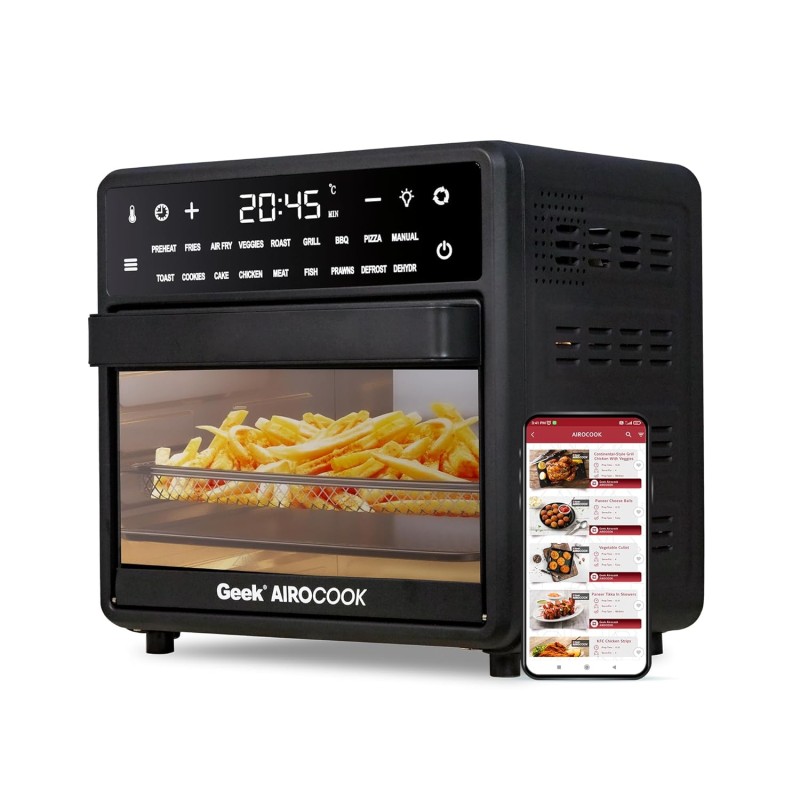 Geek AiroCook Calix 15 Litre Electric Air Fryer Oven, 18 Digital Preset Menus with Rotisserie, Airfry, Bake, Grill, Toast, Dehydrate, Defrost & Keep Warm Function with 8 Accessories (1200 Watts) Black Geek AiroCook Calix 15 Litre Electric Air Fryer Oven, 18 Digital Preset Menus with Rotisserie, Airfry, Bake, Grill, Toast, Dehydrate, Defrost & Keep Warm Function with 8 Accessories (1200 Watts) Black